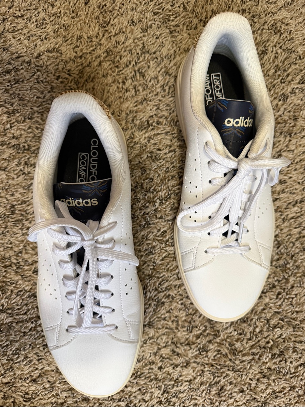 adidas White Leather Cloudfoam Sneakers with Navy Tongue Accents